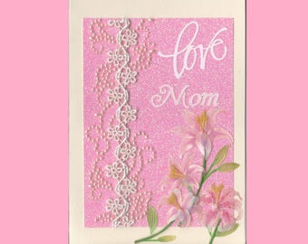 MD009 Mothers Day Greeting Card Elegant Flowers Gems Embroidery Shimery Glitter 3D Handmade one-of-a-kind OOAK Unique 5x7