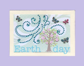 Ear003 Earth Day Greeting Card Save the Earth Wind Lines Flowering Tree Butterflies 3D Handmade one-of-a-kind OOAK Unique 5x7