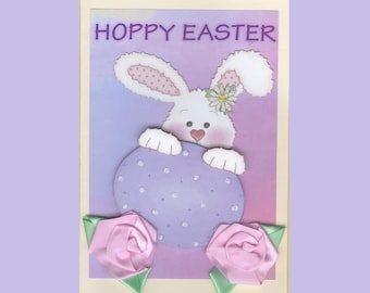 Eas052 Easter Greeting Card Whimsical Bunny with Easter Egg Hoppy Easter Satin Flowers 3D Handmade one-of-a-kind OOAK Unique 5x7