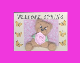 BLK035 All Occasion Welcome Spring Greeting Card Cutie Tear Bear Ribbon Rose Butterflies Handmade one-of-a-kind OOAK Unique 5x7 BLK035