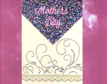 MD014 Mothers Day Greeting Card Elegant Crystal Gems & Embroidery Lace Trim Rainbow Glittered Base 3D Handmade one-of-a-kind OOAK Unique 5x7