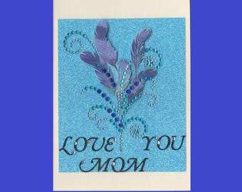 MD011 Mothers Day Greeting Card Elegant Floating Feathers Gemstones Glitter 3D Handmade one-of-a-kind OOAK Unique 5x7