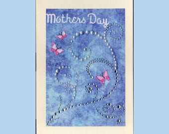 MD003 Mothers Day Greeting Card Pretty Gemstones & Pearl Swirls w/Butterflies 3D Handmade one-of-a-kind OOAK Unique 5x7