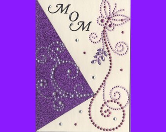 MD012 Mothers Day Greeting Card Elegant Gemstone Butterfly Pearls & Glitter 3D Handmade one-of-a-kind OOAK Unique 5x7