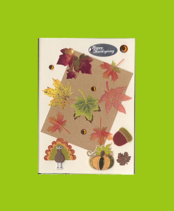 TG014 Thanksgiving Day Greeting Card Give Thanks Traditional Fall Decor Tiny Turkey 3D Dimensional Handmade one-of-a-kind OOAK Unique 5x7