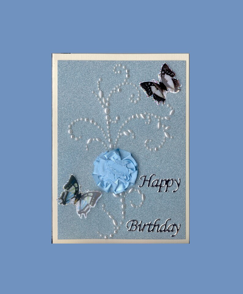 Birthday Greeting Card Elegant pearls satin flower butterfly Handmade one-of-a-kind OOAK Unique 3D 5x7 BD049