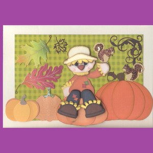 FALL036 Fall Autumn Greeting Card Little Scarecrow in the Pumpkin Patch w/Friendly Squirrel Friends Handmade one-of-a-kind OOAK Unique 5x7