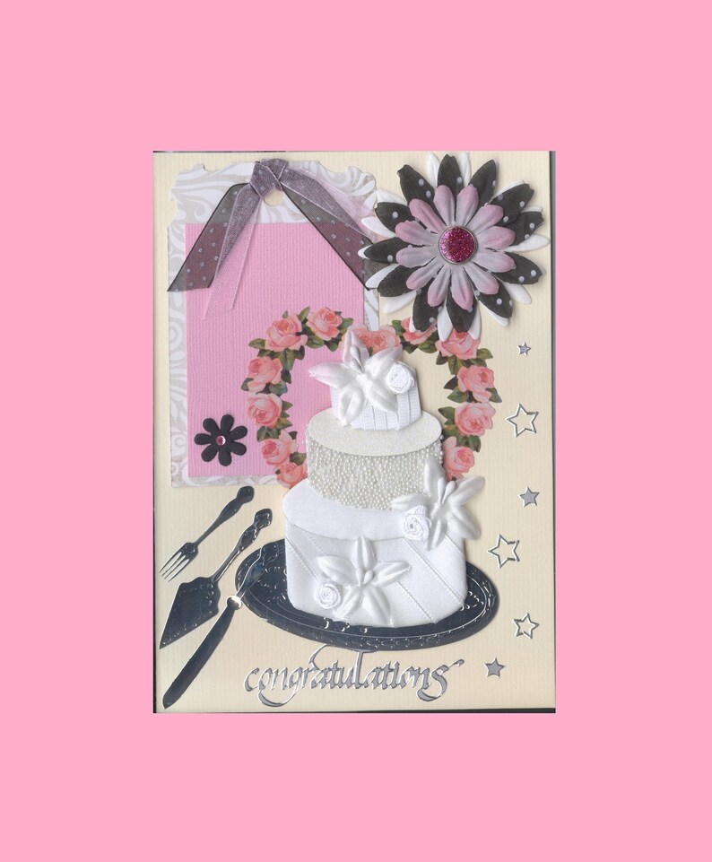 Wedding Day Card Wedding Cake Flower Congratulations Cut The Cake Heart Wreath Handmade one-of-a-kind OOAK Unique Dimensional 3D 5x7 Wed004