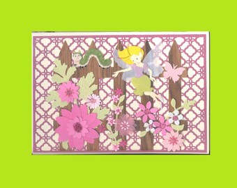 May010 May Day Greeting Card The Fairy Queen In Her Flower Garden Little EarthWorm Lasercut Lattice Handmade one-of-a-kind OOAK Unique 5x7