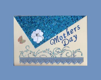 MD018 Mothers Day Greeting Card Elegant Crystal Gemstones & Embroidery Trim Blue Glittered Effect 3D Handmade one-of-a-kind OOAK Unique 5x7