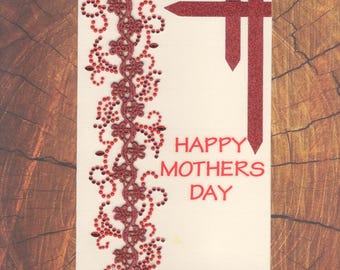 MD028 Mothers Day Greeting Card Elegant Pearls & Gems Embroidered Lace Trim Red Glitter 3D  Handmade one-of-a-kind OOAK Unique 5x7
