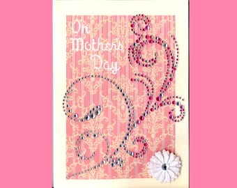MD002 Mothers Day Greeting Card Elegant Lovely Gemstone Swirls & Flowers Card For Mom 3D Handmade one-of-a-kind OOAK Unique 5x7