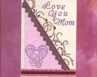 MD006 Mothers Day Greeting Card Maroon/Pink Shades Crystals Embroidery Trim Glittery Heart Elegant 3D Handmade one-of-a-kind OOAK Unique 5x7