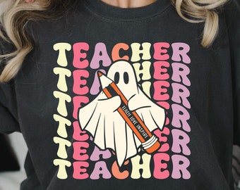 ハロウィンの先生SVG、かわいい幽霊先生のグルーヴィーな不気味な先生SVG、ハロウィンの学校パーティーシャツ、PNG昇華デジタルファイルのダウンロード