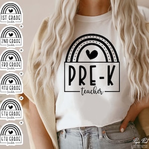 May include: A white t-shirt with a black design of a rainbow with hearts and the text "PRE-K teacher". There are six smaller rainbow designs with the text "1st Grade teacher", "2nd Grade teacher", "3rd Grade teacher", "4th Grade teacher", "5th Grade teacher", and "6th Grade teacher".
