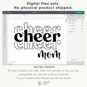 May include: A digital design file for a cutting machine featuring the text "cheer mom" in a layered, outlined font style. The design is shown on a computer screen.