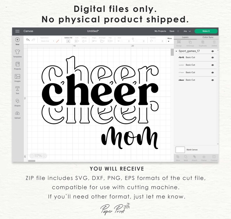 May include: A digital design file for a cutting machine featuring the text "cheer mom" in a layered, outlined font style. The design is shown on a computer screen.