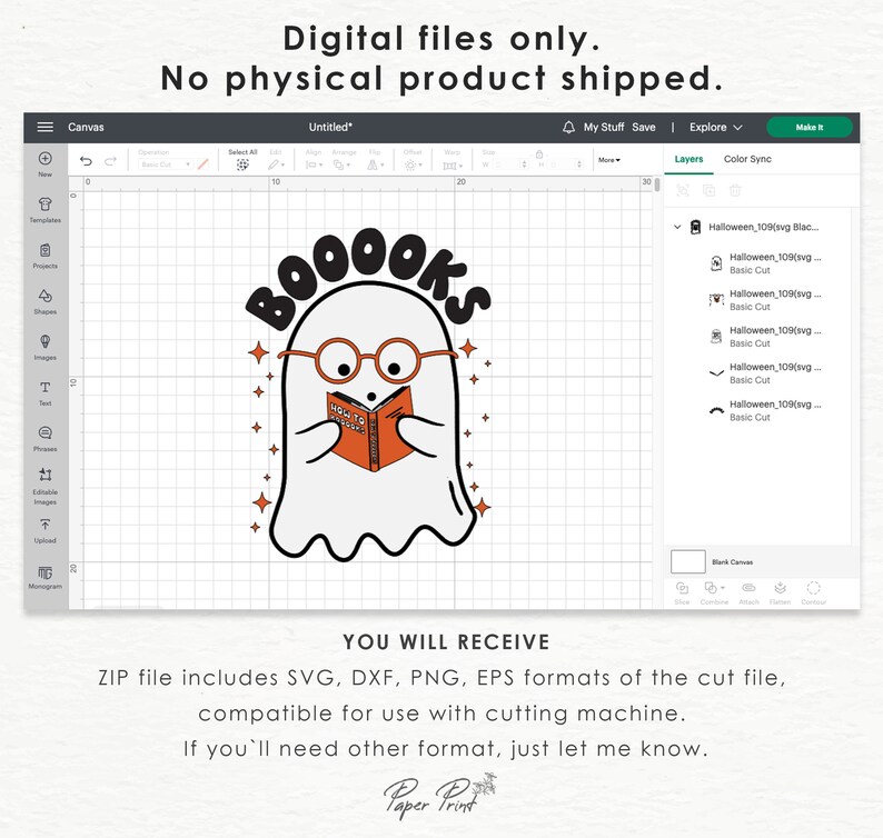 Pode incluir: Um design digital com um fantasma branco usando &oacute;culos e lendo um livro com o texto "BOOOKS" e "HOW TO BOO" na capa. O design &eacute; perfeito para artesanato e projetos de Halloween.