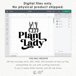 May include: A digital design file for a cutting machine featuring a black and white illustration of a potted plant with the text "Plant Lady" in a stylized font.