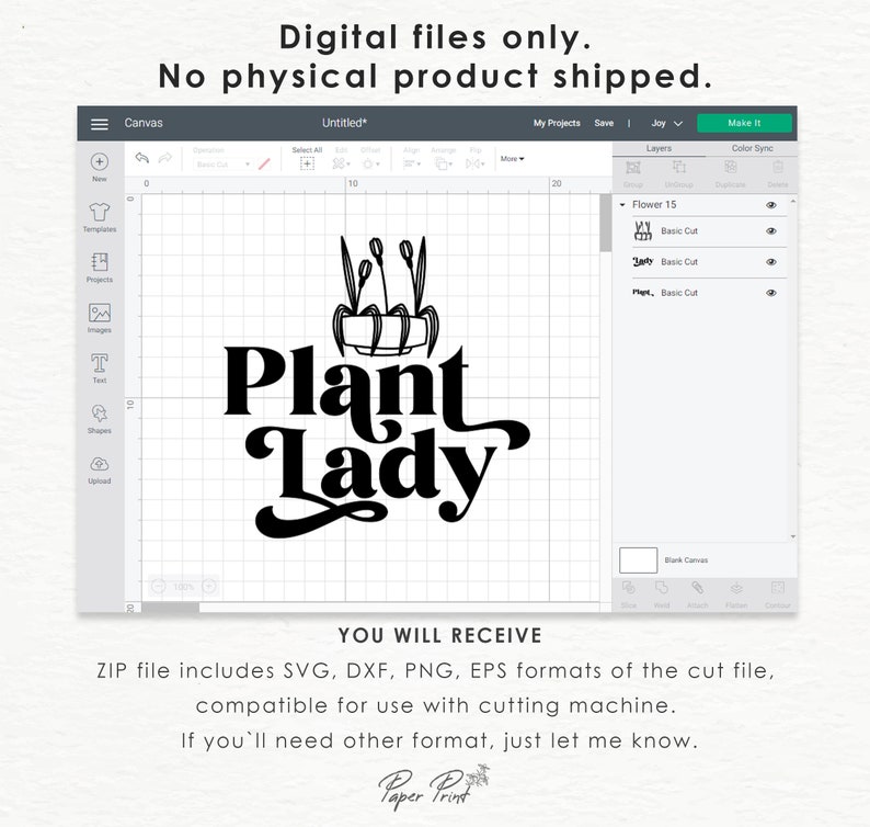 May include: A digital design file for a cutting machine featuring a black and white illustration of a potted plant with the text "Plant Lady" in a stylized font.