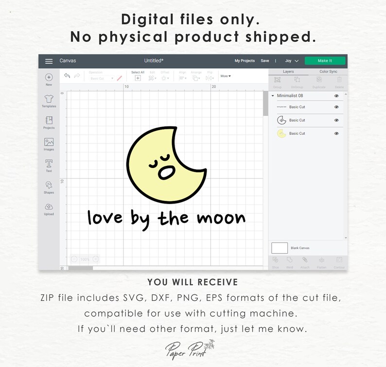 May include: A digital design featuring a yellow crescent moon with a sleepy face and the text "love by the moon". This design is available in SVG, DXF, PNG, and EPS formats.