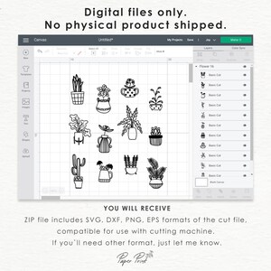 May include: A digital design file of 16 different potted plants, including a cactus, succulents, and leafy plants. The design is in black and white and is suitable for use with a cutting machine. The text "You will receive" is at the bottom of the image.