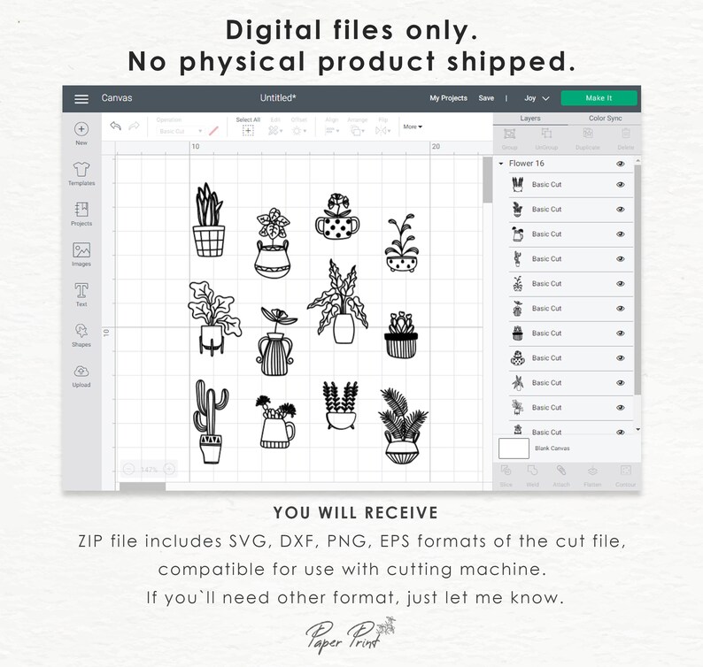 May include: A digital design file of 16 different potted plants, including a cactus, succulents, and leafy plants. The design is in black and white and is suitable for use with a cutting machine. The text "You will receive" is at the bottom of the image.
