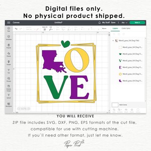 May include: A digital design for a "LOVE" graphic with a purple outline of the state of Louisiana in the "L". The letters are in a yellow, green, and purple color scheme. The design is for use with a cutting machine.