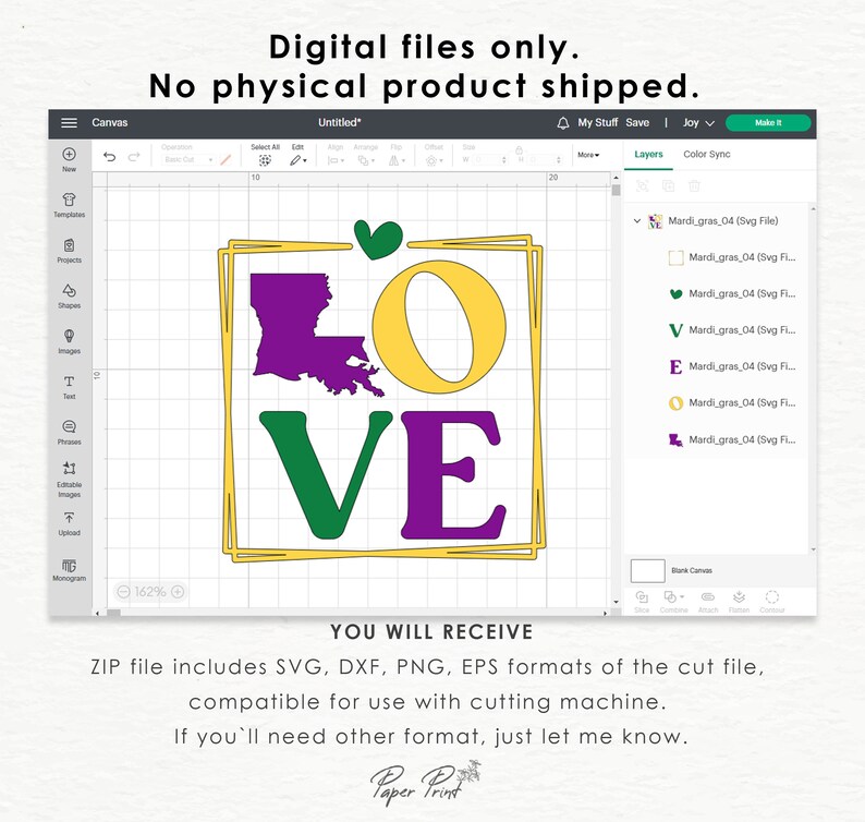May include: A digital design for a "LOVE" graphic with a purple outline of the state of Louisiana in the "L". The letters are in a yellow, green, and purple color scheme. The design is for use with a cutting machine.