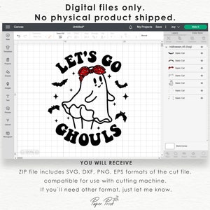 May include: A digital design featuring a cute ghost wearing a red bandana with the text "Let's Go Ghouls". The design is perfect for Halloween crafts and projects.