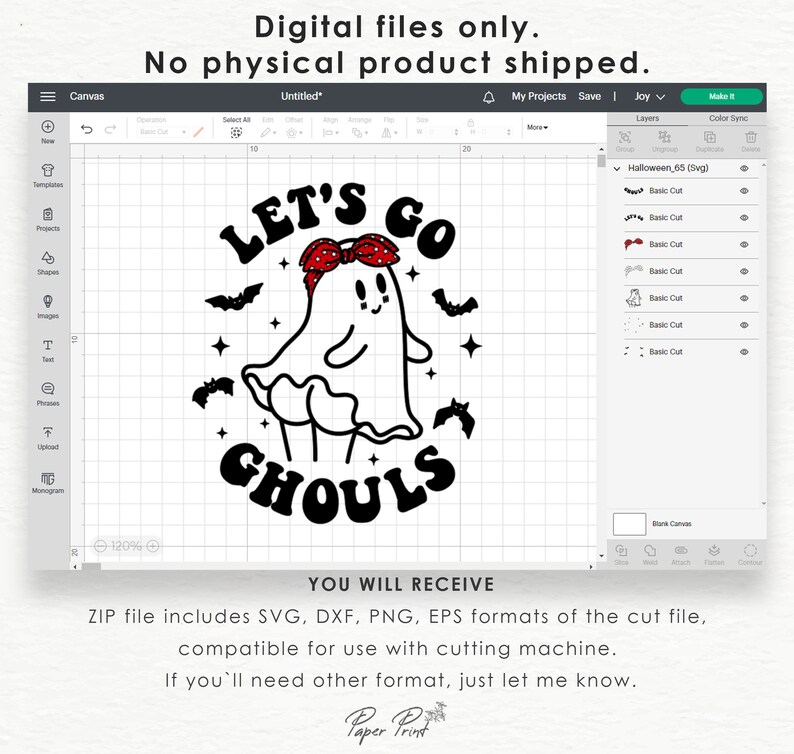 May include: A digital design featuring a cute ghost wearing a red bandana with the text "Let's Go Ghouls". The design is perfect for Halloween crafts and projects.