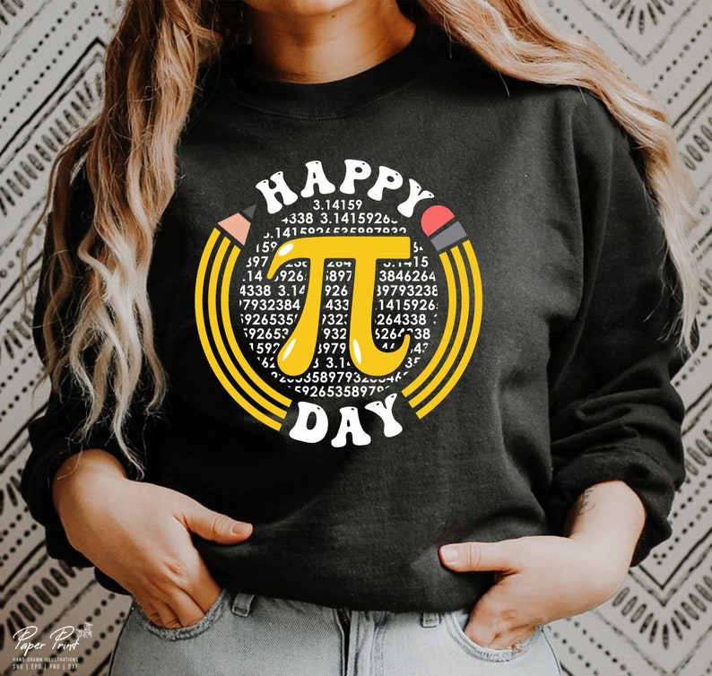 May include: Black sweatshirt with a yellow circle design featuring the mathematical constant pi and the text "HAPPY PI DAY".