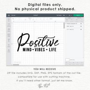 May include: A digital design file for a cutting machine featuring the text "Positive Mind Vibes Life" in a black cursive font with two small hearts between each word.