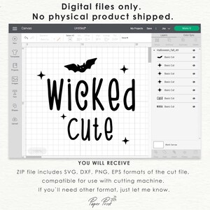 May include: A digital design file for a cutting machine featuring a black bat, stars, and the text "Wicked Cute".