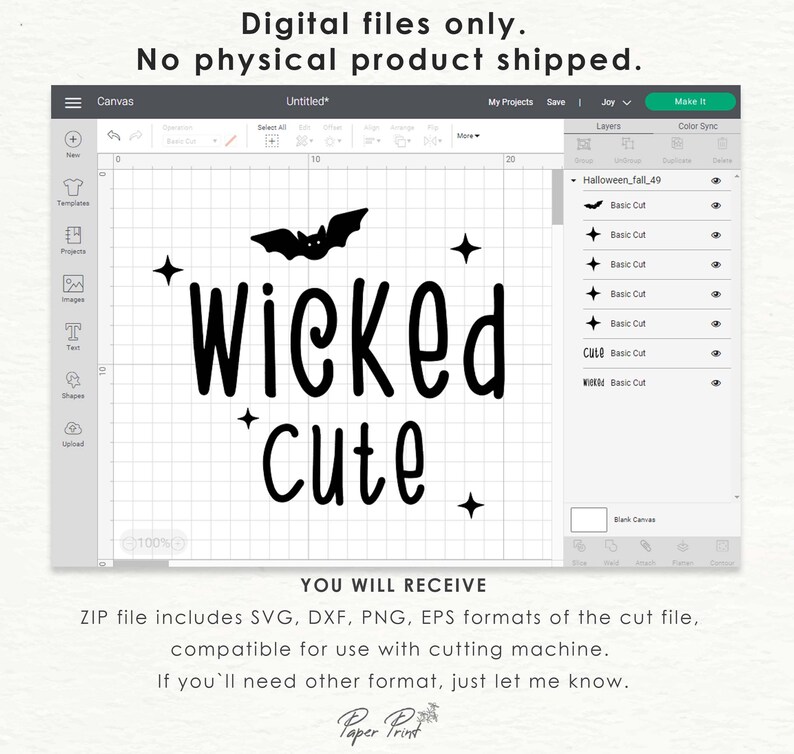 May include: A digital design file for a cutting machine featuring a black bat, stars, and the text "Wicked Cute".