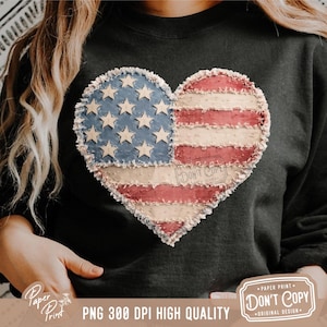 Faux Stitched Applique American Flag Heart PNG, Vintage Patchwork Patriotic 4th of July USA Flag Sublimation Design (Digital Download)