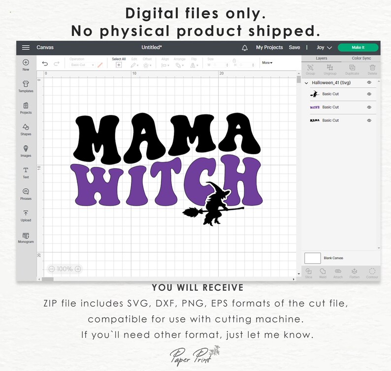 Pu&ograve; includere: Un file di progettazione digitale per una macchina da taglio che presenta il testo "MAMA WITCH" in un font di stile retr&ograve;. Il testo &egrave; in nero e viola con una silhouette di una strega che cavalca una scopa.