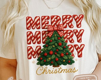 Faux Yarn Merry Christmas Tree PNG, Coquette Bow (Digital Download)