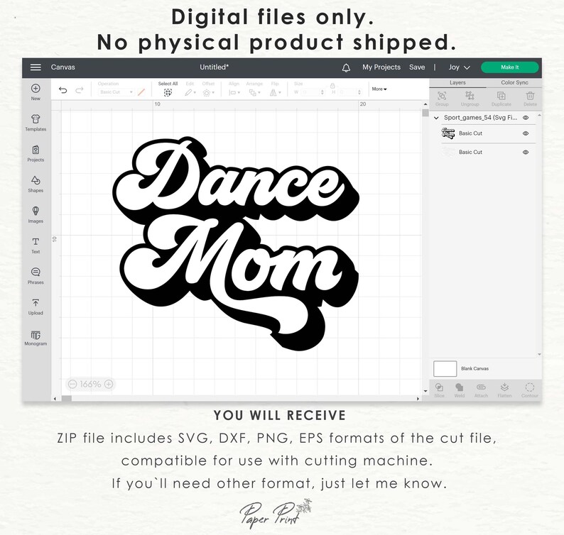 Peut inclure: Un fichier de conception num&eacute;rique pour une machine de d&eacute;coupe. Le motif pr&eacute;sente le texte "Dance Mom" dans une police de caract&egrave;res r&eacute;tro et stylis&eacute;e.