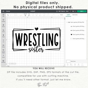 May include: A digital design file for a cutting machine featuring the text "WRESTLING sister" in a black and white colour scheme. The text is enclosed in a double-lined square frame.