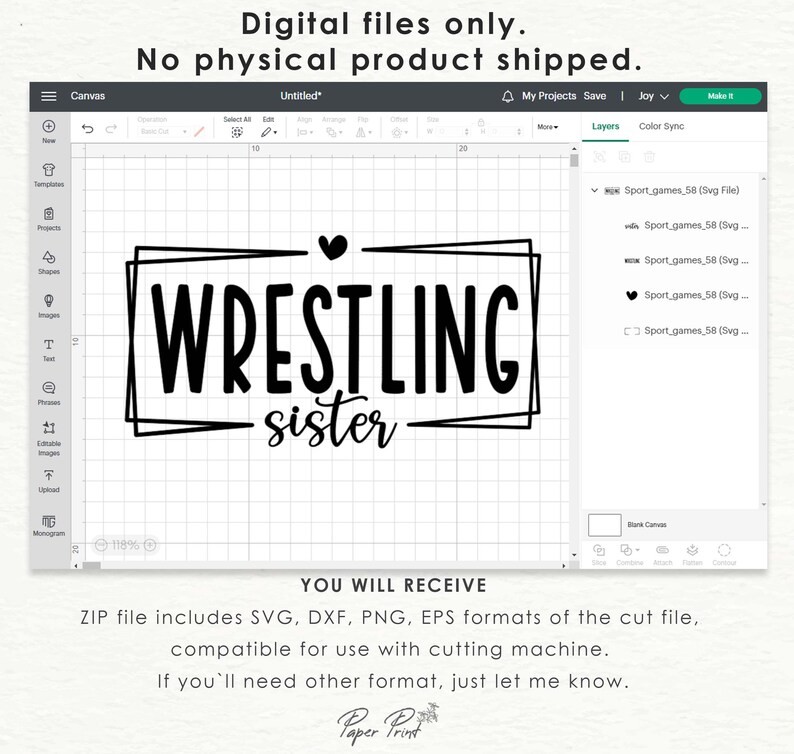 May include: A digital design file for a cutting machine featuring the text "WRESTLING sister" in a black and white colour scheme. The text is enclosed in a double-lined square frame.