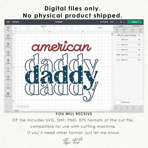 Puede incluir: Descarga digital de un dise&ntilde;o de archivo de corte SVG en capas para una m&aacute;quina de corte. El dise&ntilde;o presenta las palabras "american daddy" en rojo, blanco y azul con un patr&oacute;n de estrellas.