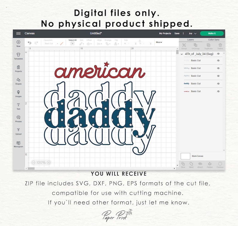 Puede incluir: Descarga digital de un dise&ntilde;o de archivo de corte SVG en capas para una m&aacute;quina de corte. El dise&ntilde;o presenta las palabras "american daddy" en rojo, blanco y azul con un patr&oacute;n de estrellas.