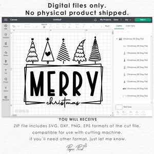 May include: A digital design for a Christmas greeting card featuring the text "MERRY christmas" in black with a black outline. The text is surrounded by a black frame. Above the text are five stylized black and white Christmas trees.