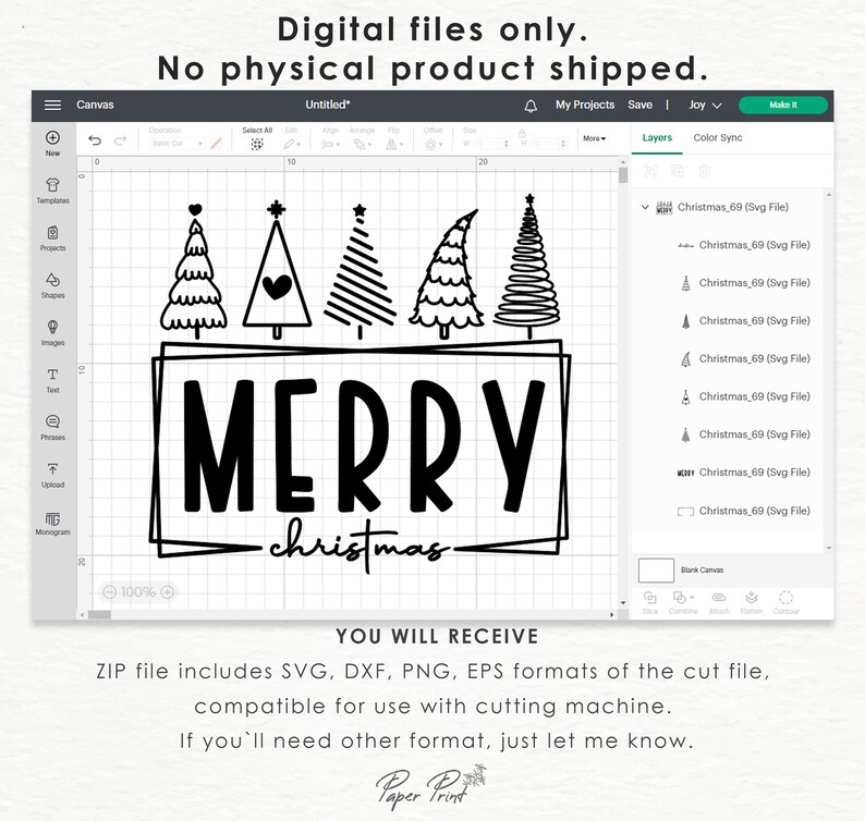 May include: A digital design for a Christmas greeting card featuring the text "MERRY christmas" in black with a black outline. The text is surrounded by a black frame. Above the text are five stylized black and white Christmas trees.