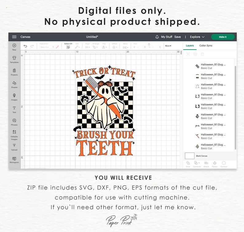 May include: A digital design featuring a ghost holding a toothbrush with the text "Trick or Treat Brush Your Teeth" in orange and black on a checkered background.