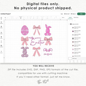 May include: A digital design file for a cutting machine featuring a pink Easter egg, bunny, bows, and the text "Happy Easter".
