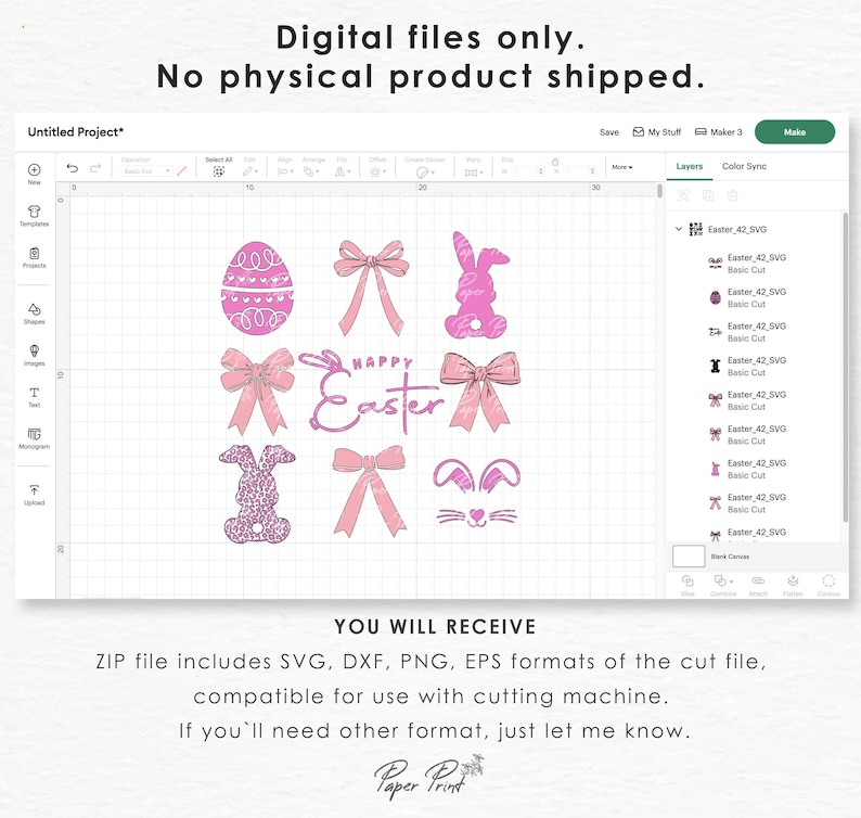 May include: A digital design file for a cutting machine featuring a pink Easter egg, bunny, bows, and the text "Happy Easter".