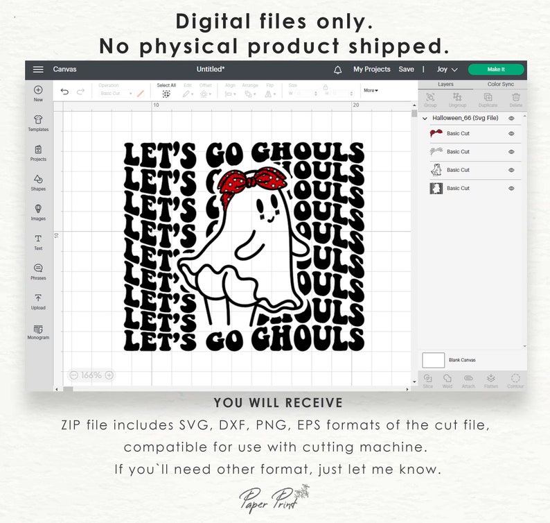 May include: A digital design featuring a ghost wearing a red headband with the text "Let's Go Ghouls" repeated in a retro font style. The design is suitable for use with a cutting machine.