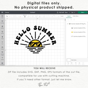 May include: A digital design featuring a black and yellow sun with sunglasses, a black and white wave, and the text "HELLO SUMMER" in a retro font. The design is on a white background and is suitable for use with a cutting machine.